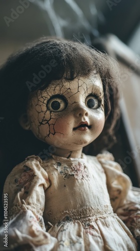 Haunted doll with cracked face in a dimly lit room, cobwebs in the background, eerie light, hyper-detailed textures photo