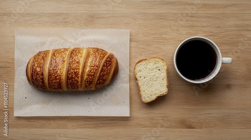 Freshly baked bread and coffee on wooden table cozy breakfast scene home top view comfort food concept