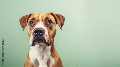 A curious brown and white dog looking intently at the camera against a soft green background.