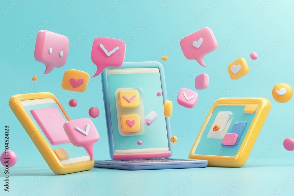 A 3D smartphone, tablet, and laptop, all floating at different angles. A 3D smartphone, tablet, and laptop, all floating at different angles.
