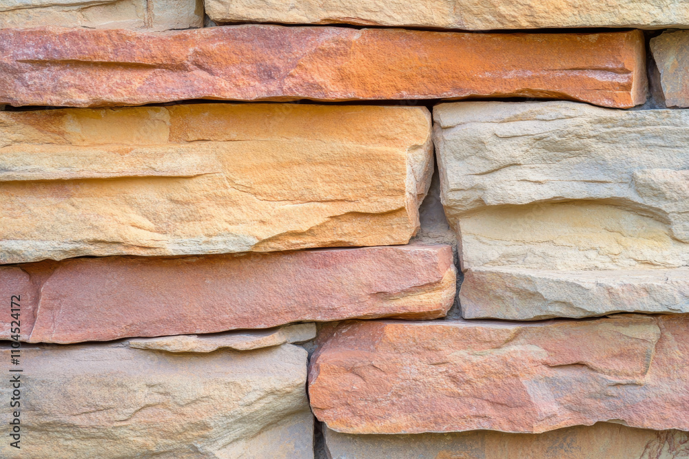 Layered sandstone texture with alternating bands of orange, tan, and red tones, weathered and natural Layered sandstone texture with alternating bands of orange, tan, and red tones, weathered and natural