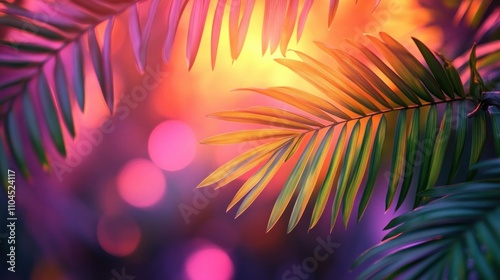 Vibrant tropical leaves in colorful bokeh background, creating a dreamy and exotic atmosphere. Suitable for nature and relaxation themes. photo