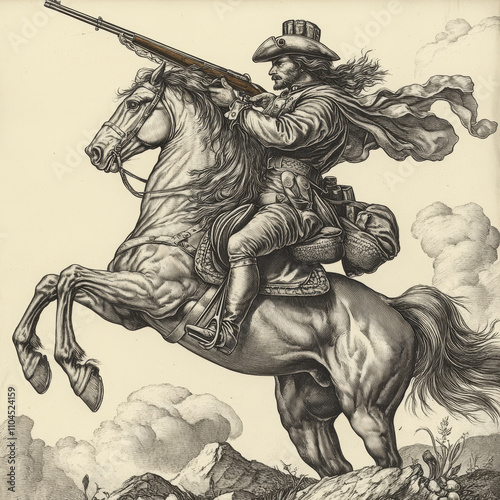 A horse rearing up, holding a rifle and wearing military gear, symbolizing nobility and defiance. The sketch engraving highlights its mane and attire in a detailed black-and-white illustration.