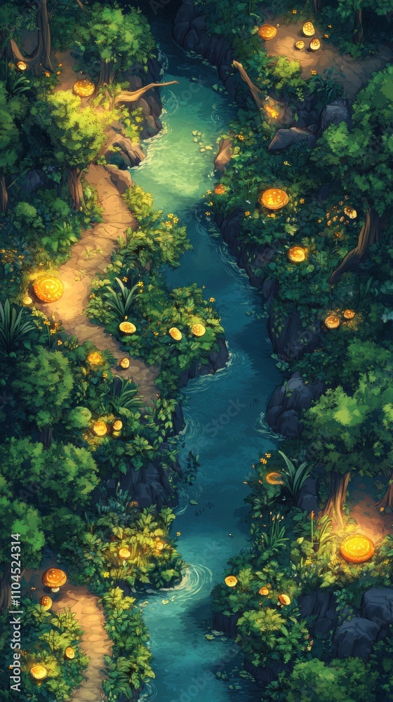 Lush green forest with a winding river, vibrant plants, glowing mushrooms, sunlight filtering through trees, highly detailed, vertical wallpaper Lush green forest with a winding river, vibrant plants, glowing mushrooms, sunlight filtering through trees, highly detailed, vertical wallpaper