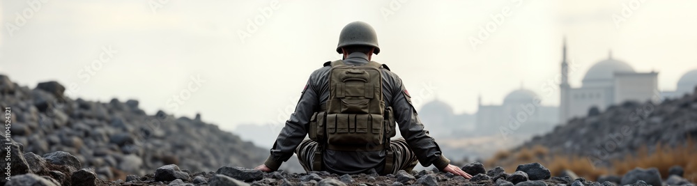 Fototapeta premium Soldier sits on rocks. Tired, alone. Military member sits on ground. Desolate rocky landscape. Focus on loneliness, war impact. Backdrop shows distant mosque. Image conveys exhaustion, consequence of