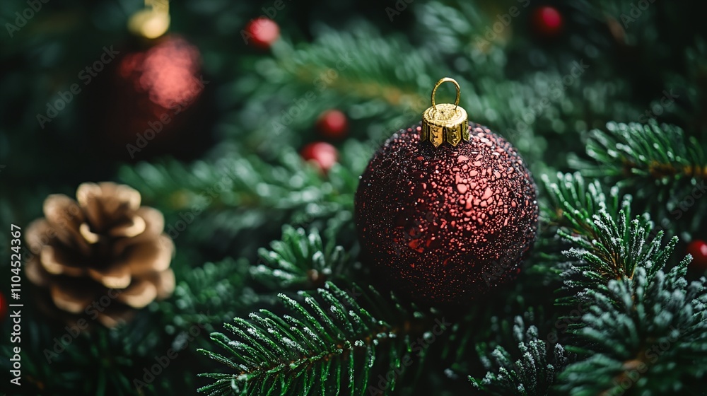 Fototapeta premium A red and gold ornament hangs from a tree branch