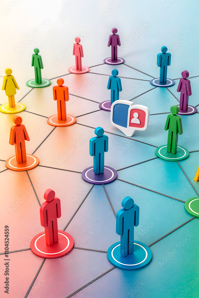 Colorful figures connected by lines illustrating social media networks and interactions Colorful figures connected by lines illustrating social media networks and interactions