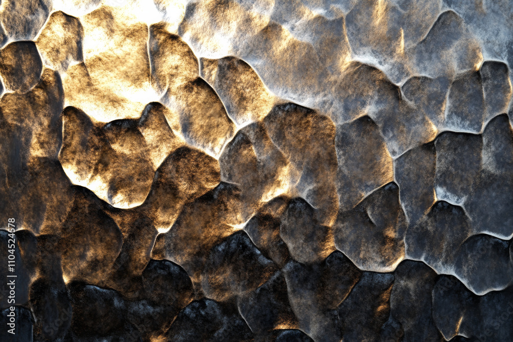 A hammered metal surface with irregular dents and textures, reflecting light in unique patterns. A hammered metal surface with irregular dents and textures, reflecting light in unique patterns.