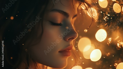 A woman's face is illuminated by a light source, creating a warm and inviting atmosphere