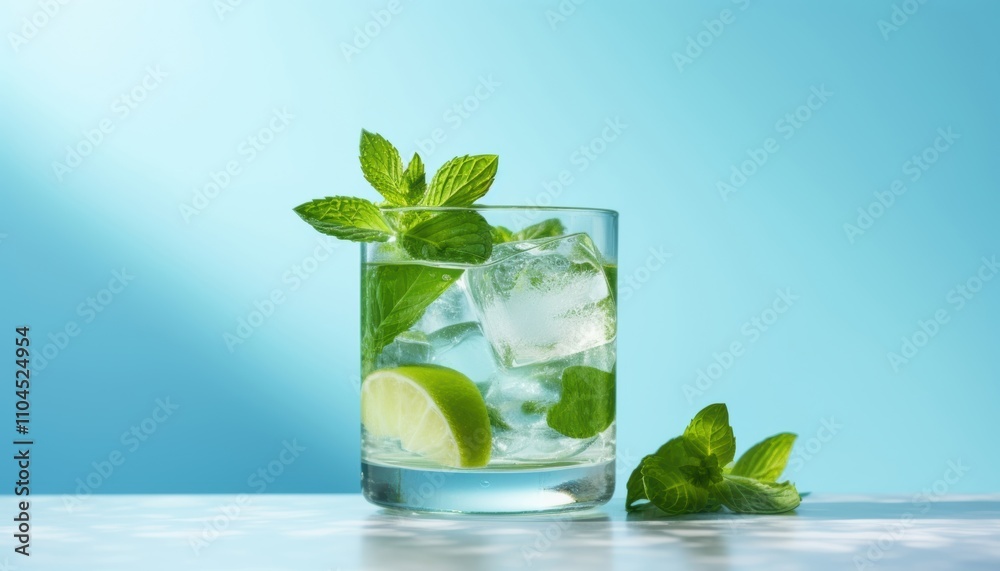Refreshing cocktail with mint and lime, featuring ice cubes in a clear glass against a light blue background. Refreshing cocktail with mint and lime, featuring ice cubes in a clear glass against a light blue background.