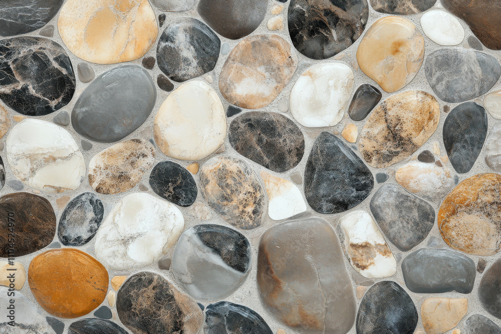 Pebble beach texture with smooth rounded stones in shades of gray, beige, and brown, wet with ocean spray for a glossy effect Pebble beach texture with smooth rounded stones in shades of gray, beige, and brown, wet with ocean spray for a glossy effect