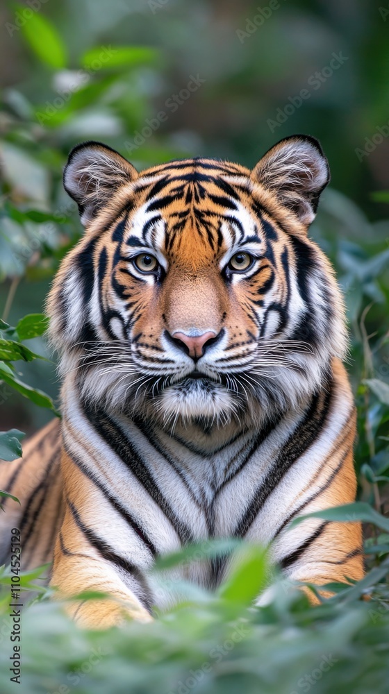 Obraz premium Majestic tiger with piercing eyes in a dense jungle, rays of sunlight, detailed fur and foliage, realistic colors