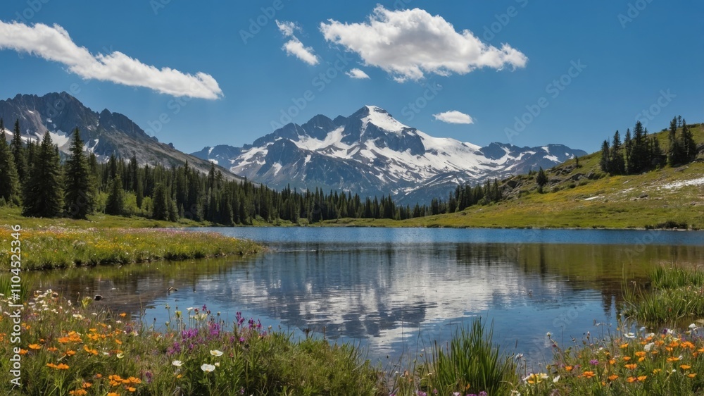 Scenic view of a serene lake surrounded by majestic mountains and blooming wildflowers in a vibrant landscape Scenic view of a serene lake surrounded by majestic mountains and blooming wildflowers in a vibrant landscape