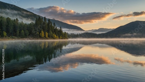 Morning fog envelops tranquil lake surrounded by mountains and forests at sunrise in autumn