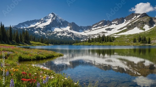Breathtaking alpine landscape with vibrant wildflowers and snow-capped mountains reflected in crystal-clear lake