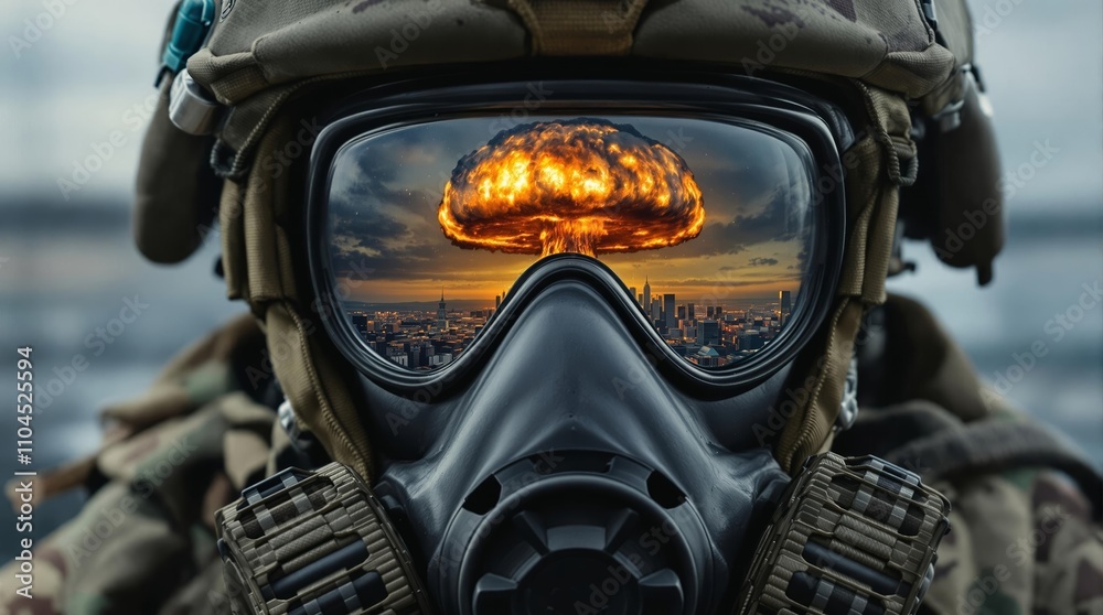 A close-up portrait image of a soldier in a gas mask A close-up portrait image of a soldier in a gas mask