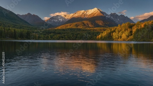 Majestic mountains reflect in tranquil lake during sunset in the wilderness