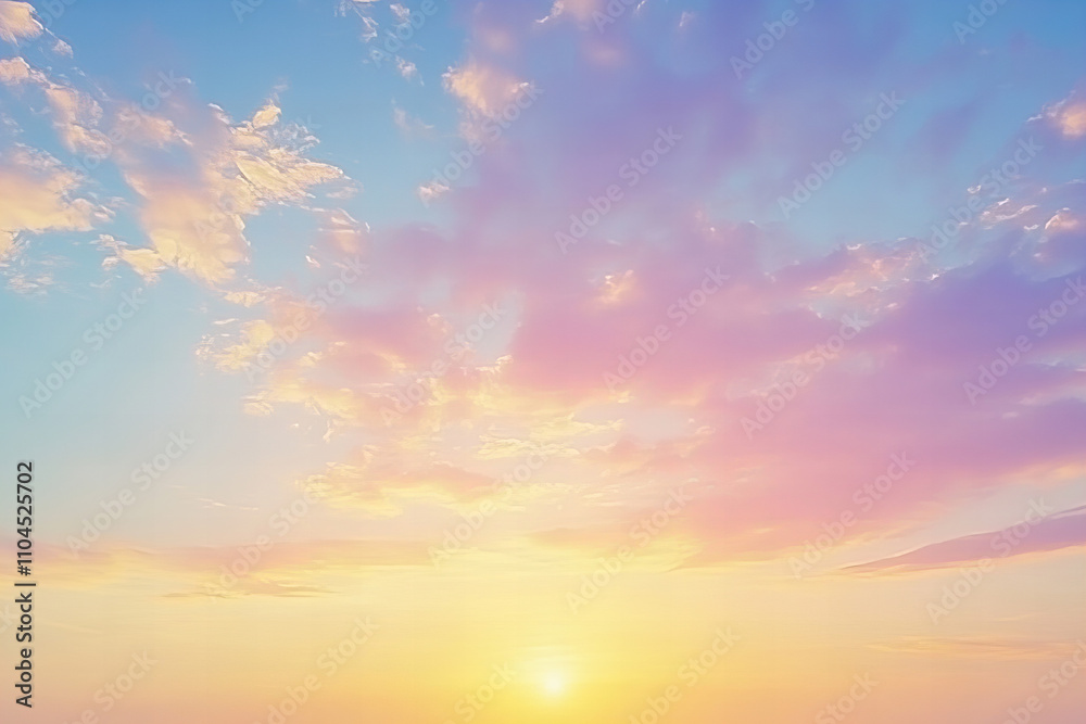 Fototapeta premium Dreamy pastel sunset sky with soft pink and orange clouds glowing above a tranquil horizon, perfect for serene landscape designs, inspirational backgrounds, and natural beauty themes.