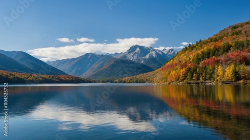 Stunning autumn landscape with vibrant foliage reflecting in calm lake surrounded by mountains