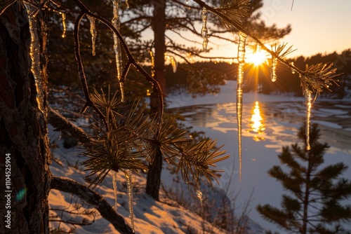 A close up of icicles hanging from evergreen branches, glistening in the sunlight during the winter solstice