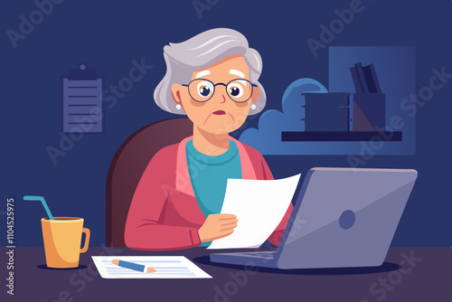 woman working on the computer. An older woman with a serious expression reading a document sitting at the desk with laptop