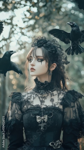 Mysterious anime girl in gothic attire, surrounded by ravens, dark forest in the background, detailed lace and textures photo