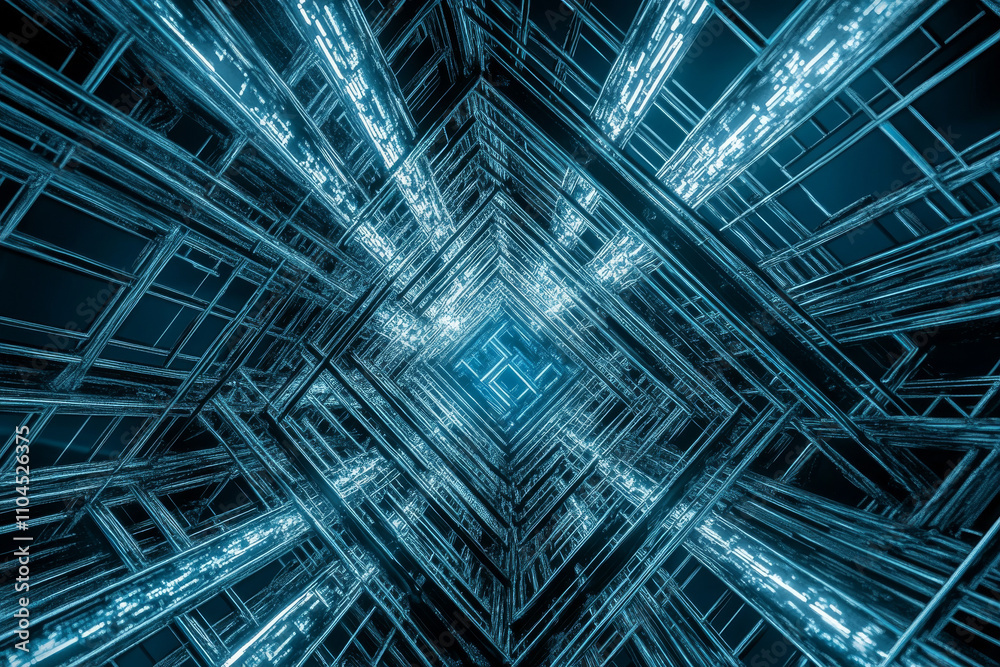 A futuristic metal grid background with glowing blue lines and intersecting geometric patterns.