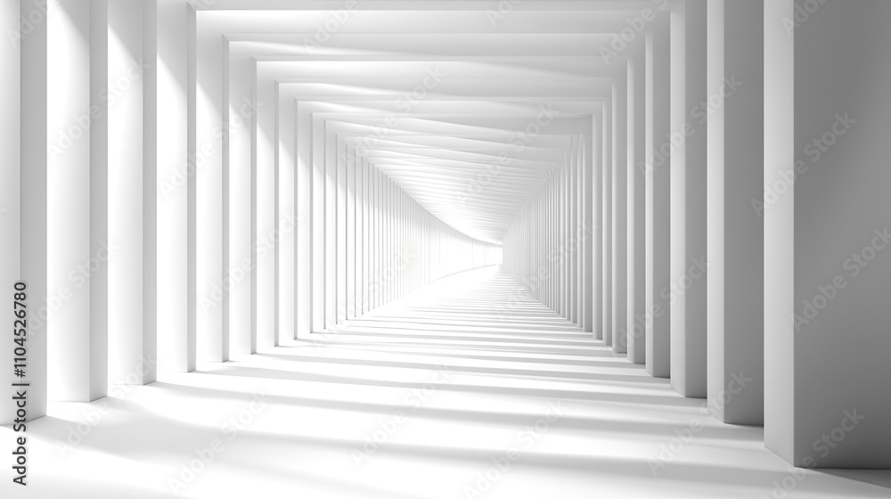 Obraz premium Abstract white hallway with columns receding into the distance, creating a perspective illusion of depth and light.