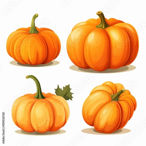 A collection of four vibrant orange pumpkins, showcasing their unique shapes and textures. photo