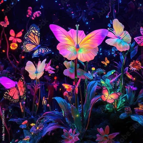 Glowing butterflies and flowers in a dark garden. photo