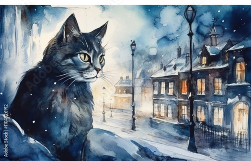 cat on the background at the city at night, winter and snow-covered gabled roofs, smoke from chimneys in the rococo style,., watercolor painting ,   photo