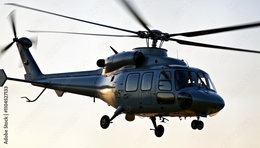 Military helicopter in flight against pale sky. Modern aircraft in aerial view. Silent high tech machine in action. Modern military aircraft in controlled movement. Flying equipment for aerial