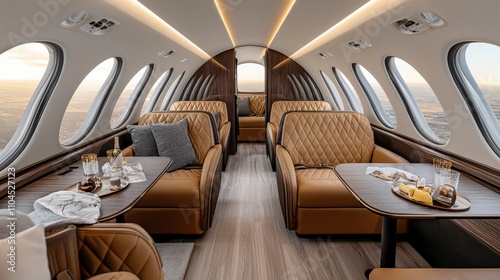 Luxury private jet interior design airborne photography modern aerial view comfort and elegance in travel