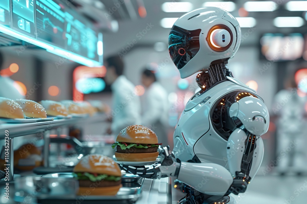 A sleek robot stands in a high-tech kitchen, skillfully holding a freshly made burger A sleek robot stands in a high-tech kitchen, skillfully holding a freshly made burger