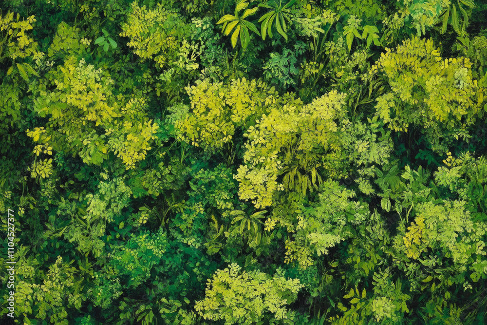 Aerial view of lush rainforest canopy, dense overlapping tree textures in vibrant greens with scattered sunlight patches Aerial view of lush rainforest canopy, dense overlapping tree textures in vibrant greens with scattered sunlight patches