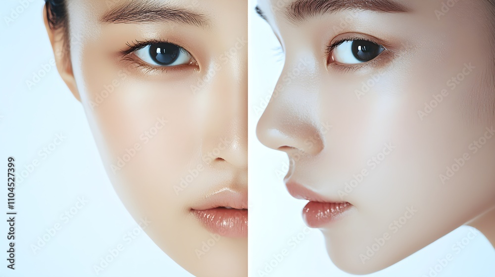 Side-by-side young and aged female faces, highlighting reduced skin elasticity Side-by-side young and aged female faces, highlighting reduced skin elasticity