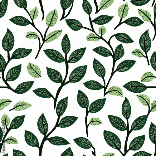 Seamless Green Leaf Pattern Botanical Illustration Nature Background Spring Foliage Plant Texture