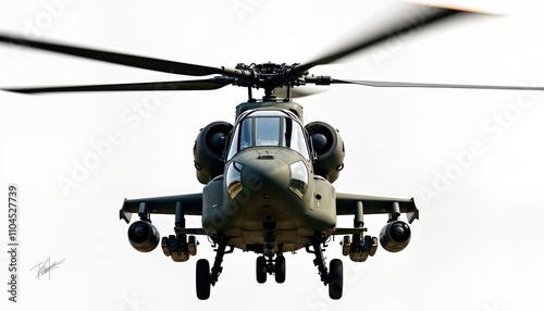 Military helicopter flies in sky. Powerful aircraft is in flight. Modern military tech in action. Army chopper displays force, power. Pro pilot commands chopper. Tactical mission in progress.