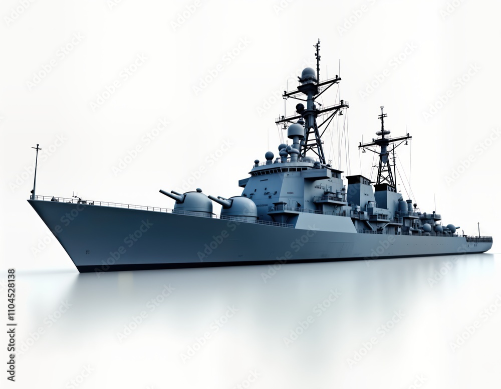 Modern military warship floats on calm sea. Navy vessel shows complex construction, weaponry. Large gray ship numerous antennae, gun emplacements. Navy ship appears ready for action. Naval defense Modern military warship floats on calm sea. Navy vessel shows complex construction, weaponry. Large gray ship numerous antennae, gun emplacements. Navy ship appears ready for action. Naval defense