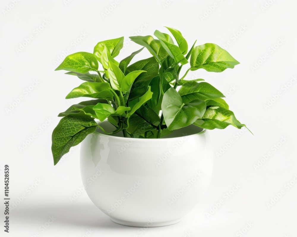 A vibrant green plant in a glossy white pot, adding a touch of nature to any space. A vibrant green plant in a glossy white pot, adding a touch of nature to any space.