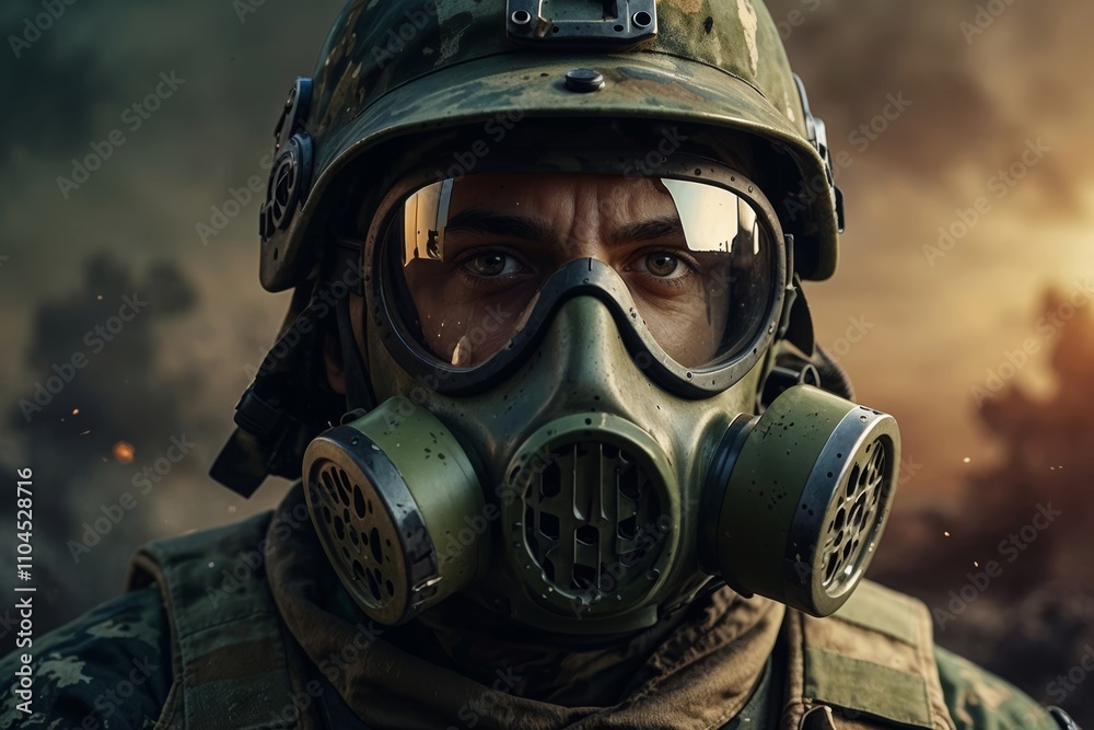 A close-up portrait image of a soldier in a gas mask A close-up portrait image of a soldier in a gas mask
