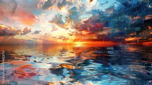 a cloudy sky during sunset tiles of different colors and transparent water, concept design background