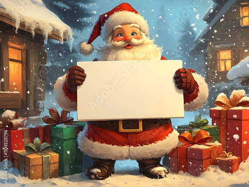 Christmas illustration of a tiny santa claus holding white blank board in both hands, with gifts around photo