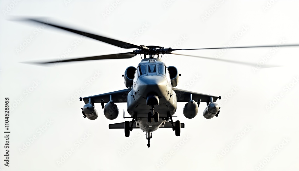 Fototapeta premium Military helicopter hovers in mid-air against transparent background. Realistic, detailed depiction of modern rotorcraft. Image suitable for defense tech magazines, websites military art print.