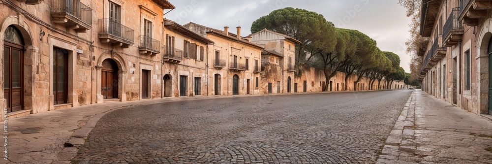 Fototapeta premium A serene scene of a cobblestone street lined with historic architecture.