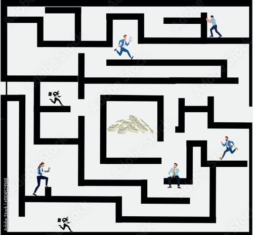 Business people running in maze searching for money