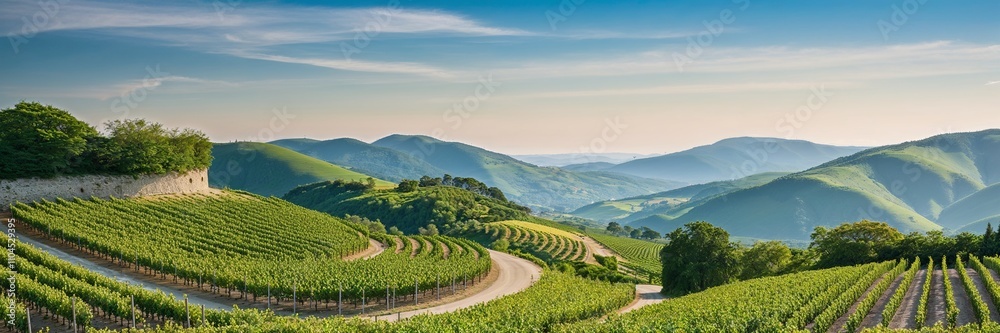 Expansive vineyards framed by rolling hills under a clear sky. Expansive vineyards framed by rolling hills under a clear sky.