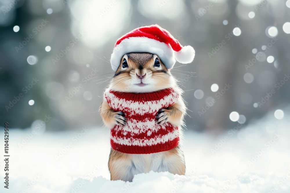 A cute chipmunk in winter with winter clothes like Santa Claus stands on the snow, Christmas style hat and sweater. Funny animals in winter. cute expression on the chipmunk. A cute chipmunk in winter with winter clothes like Santa Claus stands on the snow, Christmas style hat and sweater. Funny animals in winter. cute expression on the chipmunk.