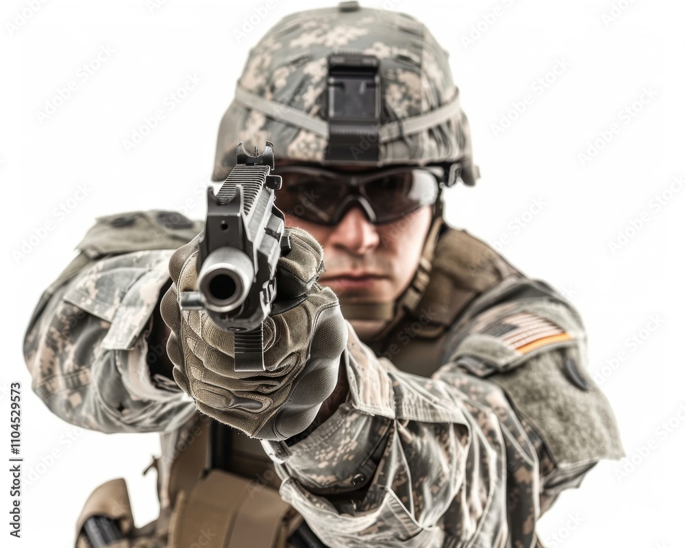 A male soldier in camouflage gear, aiming a handgun with determination, showcasing readiness and focus. A male soldier in camouflage gear, aiming a handgun with determination, showcasing readiness and focus.