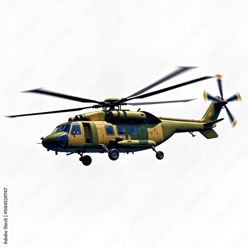 Fototapeta premium Military helicopter in flight against plain background. Modern military aircraft in motion. Modern military machine flying high. Aerial view of military transport. Tactical helicopter in action. Army